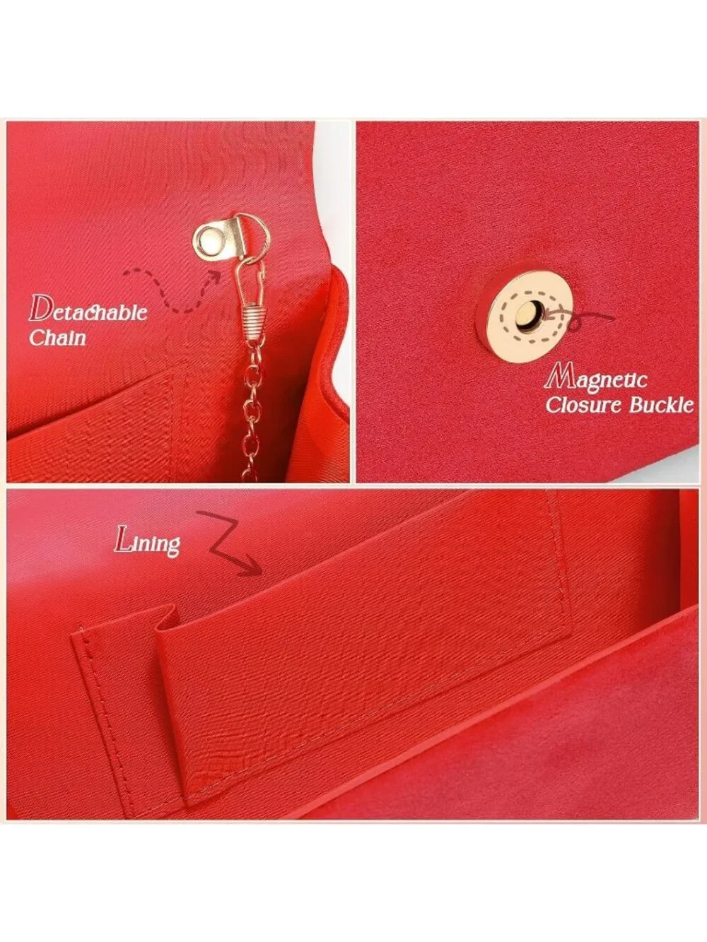 Women's Red Formal Clutch Purse With Detachable Chain Strap Evening Bag